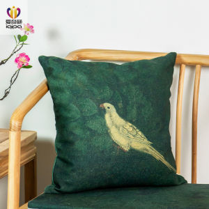 หมอนอิงโซฟาแบบผ้าฝ้ายลินินสไตล์จีน IQIPA ลายภาพนกปีกบุ หมอนอิงโซฟาแบบไม้แดงสำหรับห้องนั่งเล่น