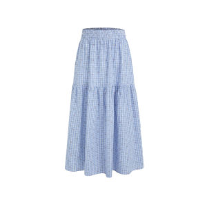 Fano Lazy Style Midi Skirt Womens A-Line Skirt with Pleats Elastic Waist Pure Cotton Plaid Pattern Summer Season  Style