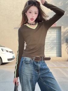 CHANT2nd | V-Neck Early Autumn Single Wear Short Body Slim Colorblock Long Sleeve T-shirt