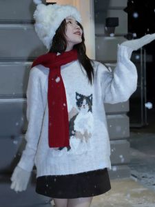 BINKAFENNY | Color Block Plush Cat Pattern Round Neck Knitted Sweater Women Loose Fit Autumn New Style Slimming Top Comfortable Warmth Long Sleeve