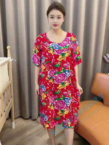 Loose Cotton Short Sleeve Womens Nightgown Ethnic Style Home Clothes Skirt Floral Print Summer Fashion Outerwear Sleepwear