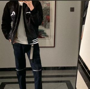 Black Zipper Knee High Slim Fit Jeans Mens Four Seasons Style Nine Points Trendy High Street Brand Jeans Youth Casual Denim