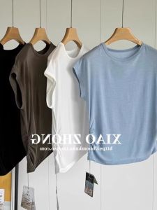 Cool Ice Silk Short Sleeve T-Shirt Womens Summer New Design Sensation Blue Drawstring Casual Acetate Top Trendy Korean Style