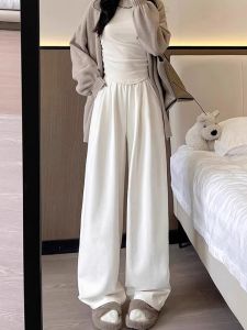 Quần Ống Rộng Màu Trắng Cho Nữ Mùa Thu Đông Quần Ống Đứng Rộng Rãi Thoải Mái Cạp Cao Bằng Vải Polyester Phong Cách Đường Phố