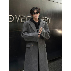 Black Shoulder Woolen Coat Mens Mid Length Long Length Tall Double Breasted Fancy British Style Trench Coat Casual Outwear