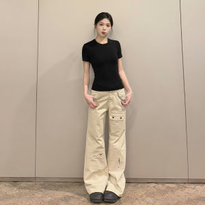 American High Street Khaki Wide Leg Workwear Jeans Womens New Autumn Winter High Waist Multi Pocket Straight Leg Pants