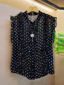 plus Size Summer Casual Polka Dot Design French Style Blouse Loose Fit Sleeveless Stand Collar Cover up Slimming Trendy Chiffon Top