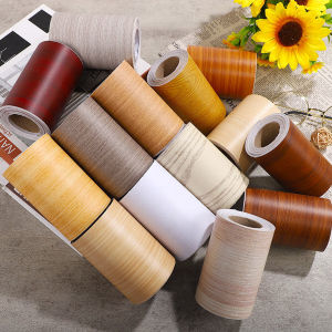 Amoki【Ready in Stock】 Wood Grain PVC Self Adhesive Wallpaper Waterproof Skirting Line Wood Baseboard Wall Border Stickers