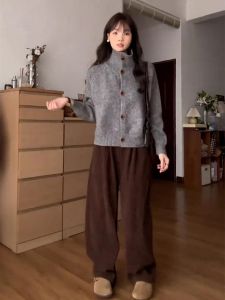 Elegant Brown Casual Straight Leg Pants High Waist Loose Drapey Wide Leg Floor Length Trousers Spring New Style Korean Version