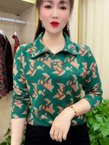 ลายดอก ผ้าขนแกะ เรียงราย หลวม แขนยาว ปกโปโล เสื้อเบสสําหรับผู้หญิงวัยกลางคน เรียบหรู พรางหุ่น เสื้อท่อนบน ฤดูใบไม้ผลิ แฟชั่น