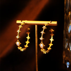 SEQUITO Unique Women Golde Plated Prom Jewelry Micro Pave Shiny AAA Zirconia Star Shape Oval Artificial Pearl Big Round Hoop Earrings SE1041