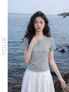 YOUXIANG | Áo Thun Tay Ngắn Màu Xám Viền Ren