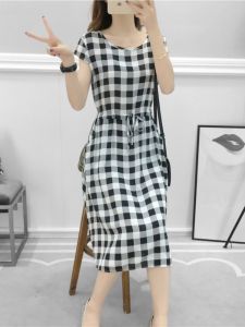 ผ้าฝ้าย ผ้าไหม Midi เดรส ผู้หญิง ฤดูร้อน แฟชั่นแขนสั้น เอว Cinched พรางหุ่น ชุดอยู่บ้านประดิษฐ์ ผ้าฝ้าย ชุดนอน ชุดราตรี