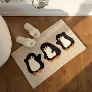 VIKAMA Cartoon Penguin Fluffy Doormat Non Slip Absorbent Animal Bath Rug Bedroom Bathroom Entrance Decor