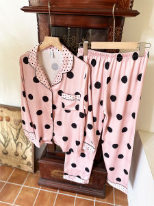 Ice Silk Sleepwear Womens Casual Home Clothes Set Spring Autumn Polka Dot Long Sleeve Sweet Style Home Leisure Outfit