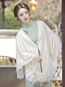 Elegant Knitted Cheongsam Shawl Womens Outerwear Cowl Neck Coat Retro Artistic Style for Spring Autumn Winter Seasons