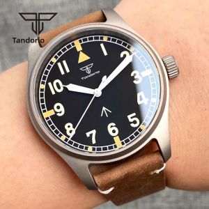 Tandorio 39mm Titan Tự Động Phi Công Lặn Đồng Hồ Nam Màu Xanh Lá Cây Dạ Quang Sapphire Crystal Vít Crown Dây Da 20Bar Chống Nước