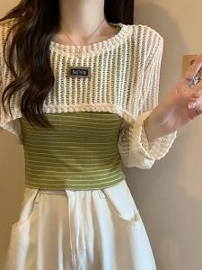 ali9 Short Hollow-out Old Money Style Sweater Womens Summer Tulle Bandage Dress Blouse Outer Wear Small High Waist Small Shirt Top