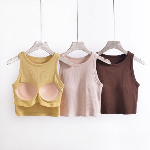 Xiacnee Ribbon Chest Pad Sleeveless Wide Shoulder Cropped Tank Top Simple and Thin Bra-Free T-shirt Beauty Back Silm Bottoming Shirt