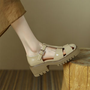 Hollow out Retro Womens High Heels Sandals Thick Heel Shoes British Style Spring Autumn PU Leather Rubber Bottom Footwear