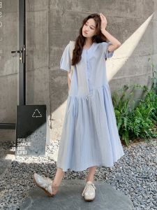 YINLUOYA | Casual Shirt Dress Womens French Style Elegant Cute Trendy New 2025 Popular A-Line Skirt Bubble Sleeve V-Neck Short Sleeve Long Dress