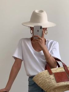 NEVA HU Womens White Loose Fit Shoulder T-Shirt Casual V-Neck Short Sleeve Base Shirt Summer New Style Korean Version