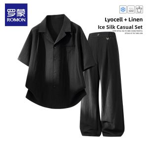ROMON | Summer Mens Ice Silk Linen Casual Set Slim