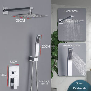 Shower Set Black Silver Brass Wall Mounted Shower Faucet Hot Cold Water Mixer 8 inch Two Function  Rainfall Bathroom Shower Tap with Handshower Rotate Bath Spout