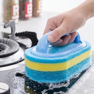 Household Cleaning Brush with Handle / Bathroom Kitchen Tub Thicken Scrubbing Sponge / Household Cleaning Supplies