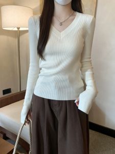 Elegant Basic Long Sleeve Knitwear Pure Color Slim Fit Womens Autumn Winter Fashionable Versatile Top Simple Style V-Neck