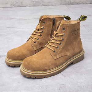 รองเท้าบูทมาร์ตินหนังแท้สไตล์อังกฤษสูงถึงเข่า ซิปด้านข้าง รองเท้าบูทแบบมีสายรัดหัวเข็มขัดแบบยูนิเซ็กซ์ รองเท้าบูทกลางน่อง รองเท้าบูทหนังกลับ