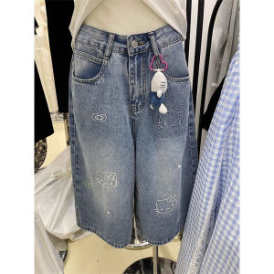 QIANCHANGNAAI | American Retro Cartoon Cat Summer High-Waist Wide Leg Womens Denim Shorts