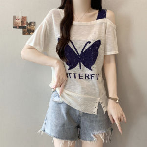 Shalldoer | Embroidered Rhinestone Short Sleeve T-shirt Slim Breathable Off-Shoulder
