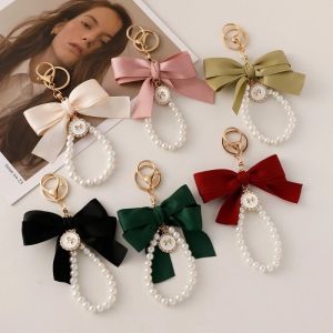 Sweet Bow Imitation Pearl Chain Keychains Fashion Round Bowknot Keyrings Car Handbag Pendant