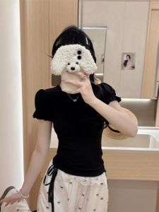 เสื้อยืดคอกลมแขนฟองทรงเข้ารูปสำหรับผู้หญิงในช่วงฤดูร้อน เสื้อผ้าทำงานแขนสั้นทรงเข้ารูป คอลเลกชั่นฤดูร้อนปี 2025