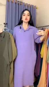 Long Dress Button Korea Style Lengan 3/4 Serut Karet Bahan Crinkle Airflow Terbaru 2023