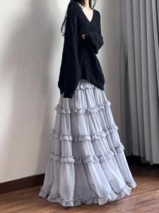 Gray Semi-Body Skirt with Wood Grain Edge Long Skirt Elastic Waist Layered Cake Skirt Korean Style Commute Polyester Fabric