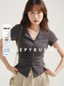Sweet And Slim Fit Short Sleeve T-Shirt for Women Grey Shoulder Design Casual Summer Top with Stand Collar by Sleepy Rabbit
