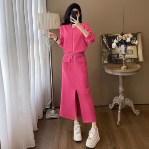 Fashionable Sportswear Set Womens Long Skirt And Sweatshirt Two-Piece Set in Vibrant Pink High-End Casual Sportswear