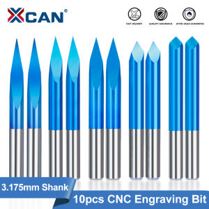 XCAN 10pcs CNC Engraving Bit 3 Edge Pyramid Milling Cutter 3.175mm Shank 20-90D Carbide End Mill Nano Blue Coated