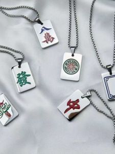 Trendy Long Sweater Chain Necklace for Men Titanium Steel Mahjong Pendant Red Middle Fortune Attracting Accessory Fashion Jewelry