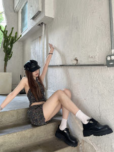 Mooreyu Womens round Toe Thick Heel Leather Shoes British Style Knot Heightening Loafers Fashionable All-Match Footwear