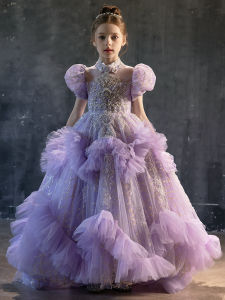 Princess Style Childrens Dress Purple High End Girls Long Skirt with Train for Piano Performance Childrens Host Birthday Show