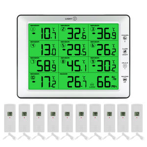 Wireless Digital Thermometer Hygrometer Indoor Outdoor 10 Channel Temperature Humidity Monitor with Smart Alert LCD Screen