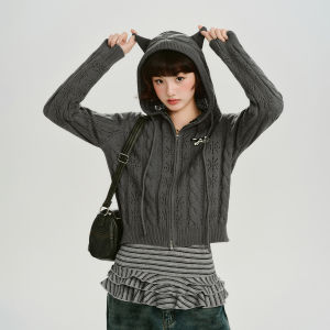Vintage Hollow Out Hooded Knit Cardigan Women