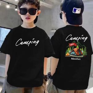 Camping V.2 แคมป์ปิ้ง เสื้อยืดเด็ก สีดำ ขาว  คอกลม ผ้า Cotton 100%