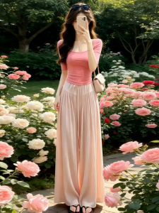 LIRUSHAN | Pretty Pink Short Sleeve T-Shirt Loose Wide Leg Pants Set