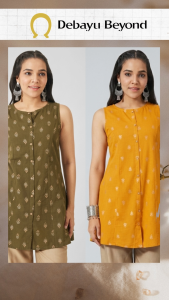 DEBAYU Linen Cotton Sleeveless Short Kurti with Foil Prints Size S to XXL [Janasya] Malaysia