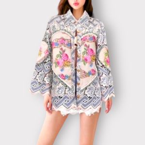 Wide Long Sleeve Collar Button Down Embroidery satin And Insert Pockets Shorts Set - P007-099