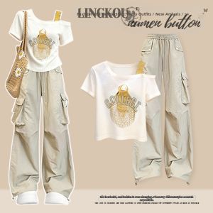 NUMEN BUTTON | Commute Style Simple Design Womens Set T-shirt & Pants